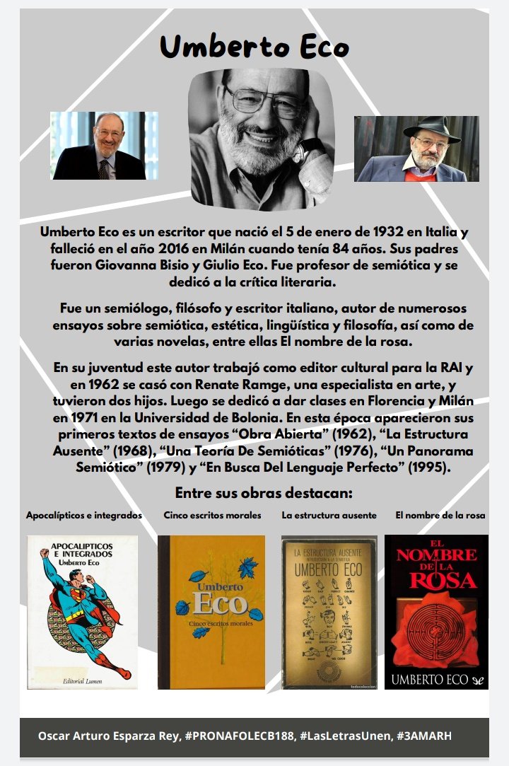 OSCARESPARZAR9's tweet photo. Autores del mes de enero:

-Julia Navarro
-Umberto Eco

 “La lectura de un buen libro es un diálogo incesante, en que el libro habla, y el alma contesta”.
(André Maurois)

#PRONAROLECB188 #3AMARH
#LasLetrasUnen https://t.co/dfKsYET1ra