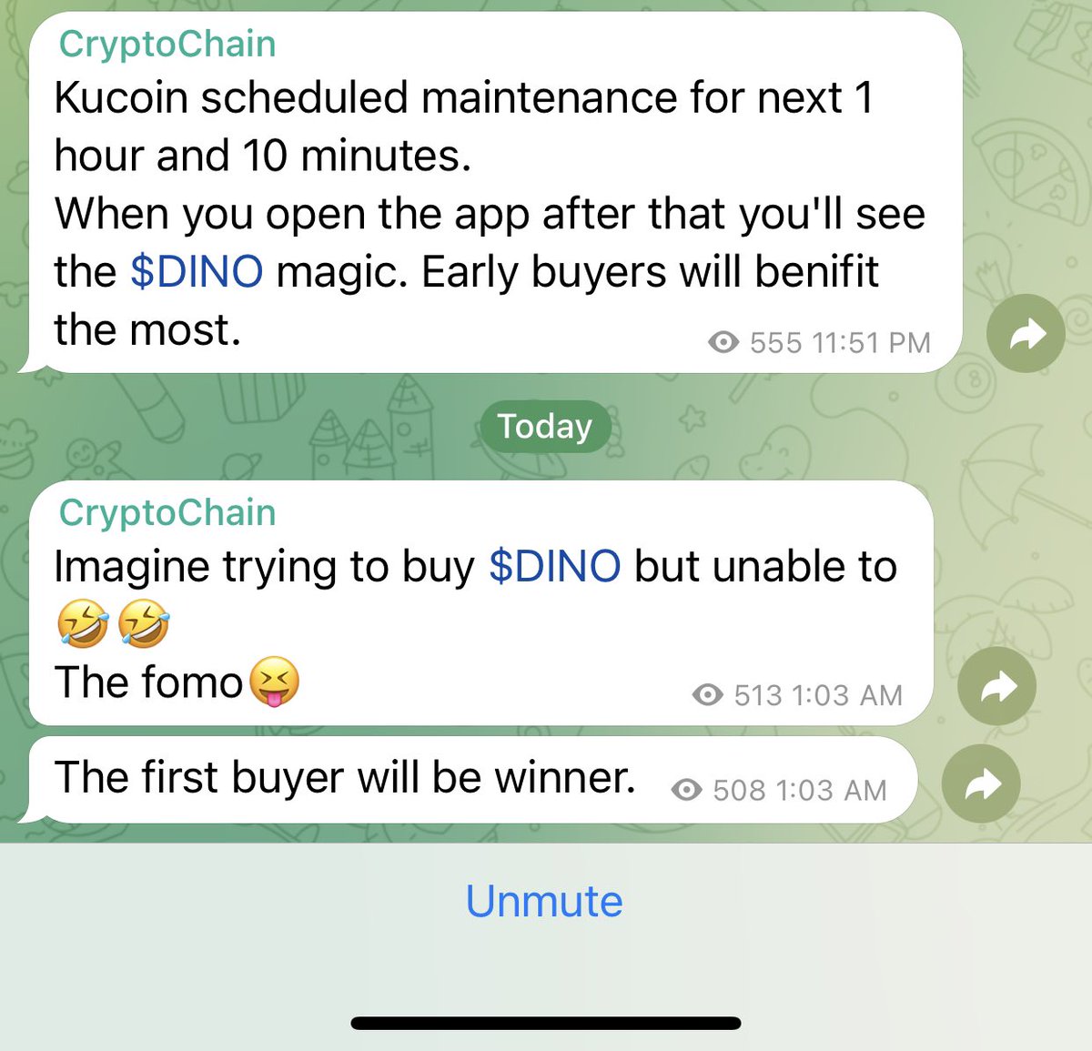 cryptolife0077's tweet photo. All he do is create fomo in his telegram group. But people are not stupid anymore. 

Shouting about $DINO pump. Setting timers and even kucoin maintenance opportunity 😂. This guy is a joke

$BAX $EQZ $STND $VSYS $MEM https://t.co/e7Q99b8WFc