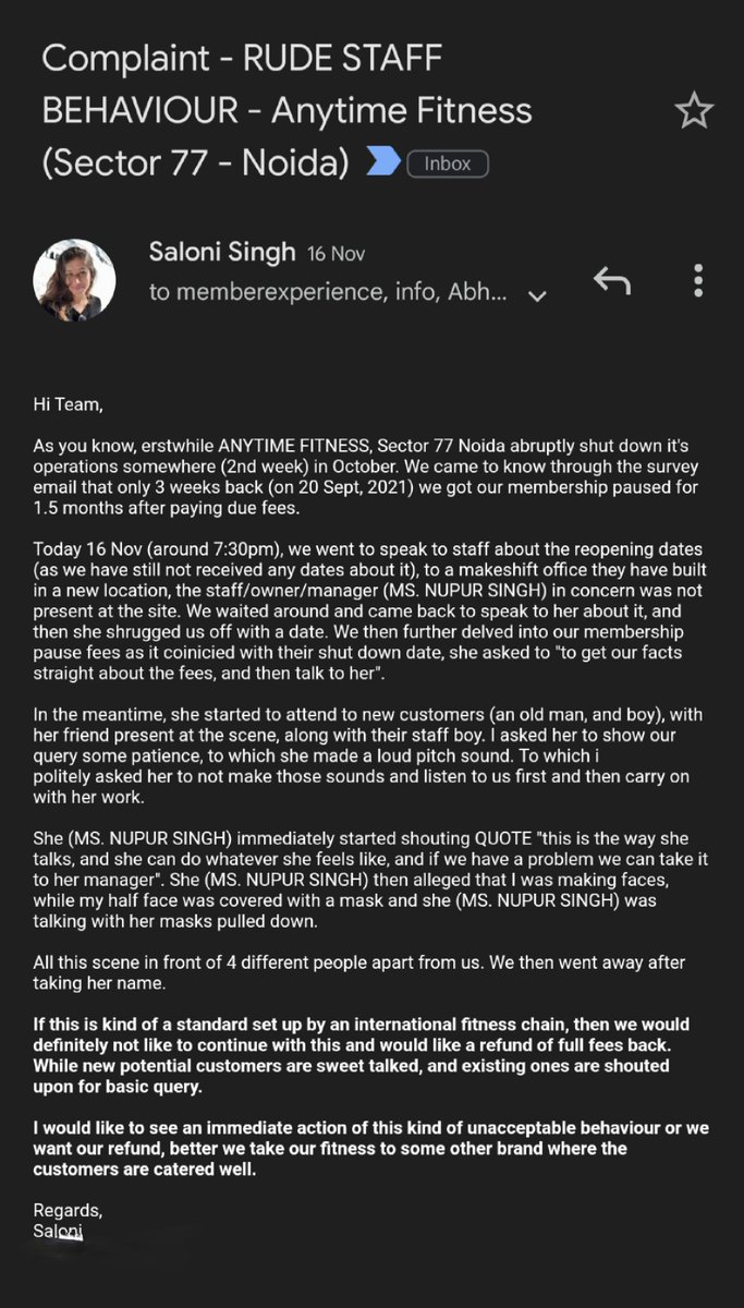_sally29's tweet photo. @ATFitnessIN @AnytimeFitness If I would have misbehaved with one of your trainers or broken one of your machine, you (gym) would have easily cancelled my membership. However, when your staff misbehaved with me, you're quiet. It's been 15 days since my complaint with no solution https://t.co/5cdfgJhHIw