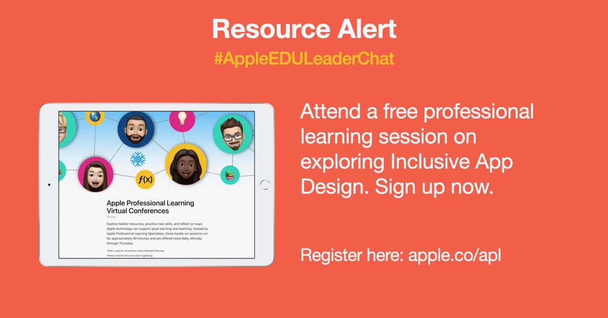 DrBillZiegler's tweet photo. RESOURCE ALERT!! Attend a free professional learning session on exploring inclusive App Design Sign up now Register at https://t.co/Vsj3DGpfs5 #AppleEDULeaderChat @AppleEDU https://t.co/DxOzLqmOQr