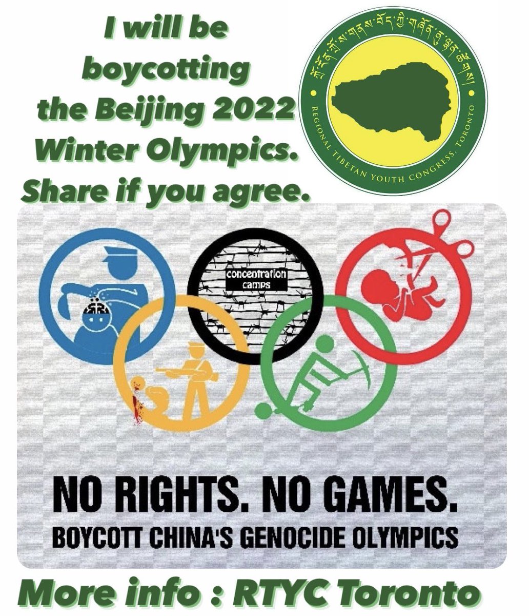 RtycToronto's tweet photo. I will be boycotting the Beijing 2022
Winter Olympics. ✊🏻 
Share if you agree. 🙏🏼✊🏻🙏🏼

More info : RTYC Toronto. 
(Facebook/Instagram/Twitter/YouTube)

#NoRightsNoGames2022
#2022GenocideOlympics 
#BoycottBeijing2022 
#BoycottOlympics2022
#NoBeijing2022 
#RTYCToronto #FreeTibet https://t.co/lbOn697ahv
