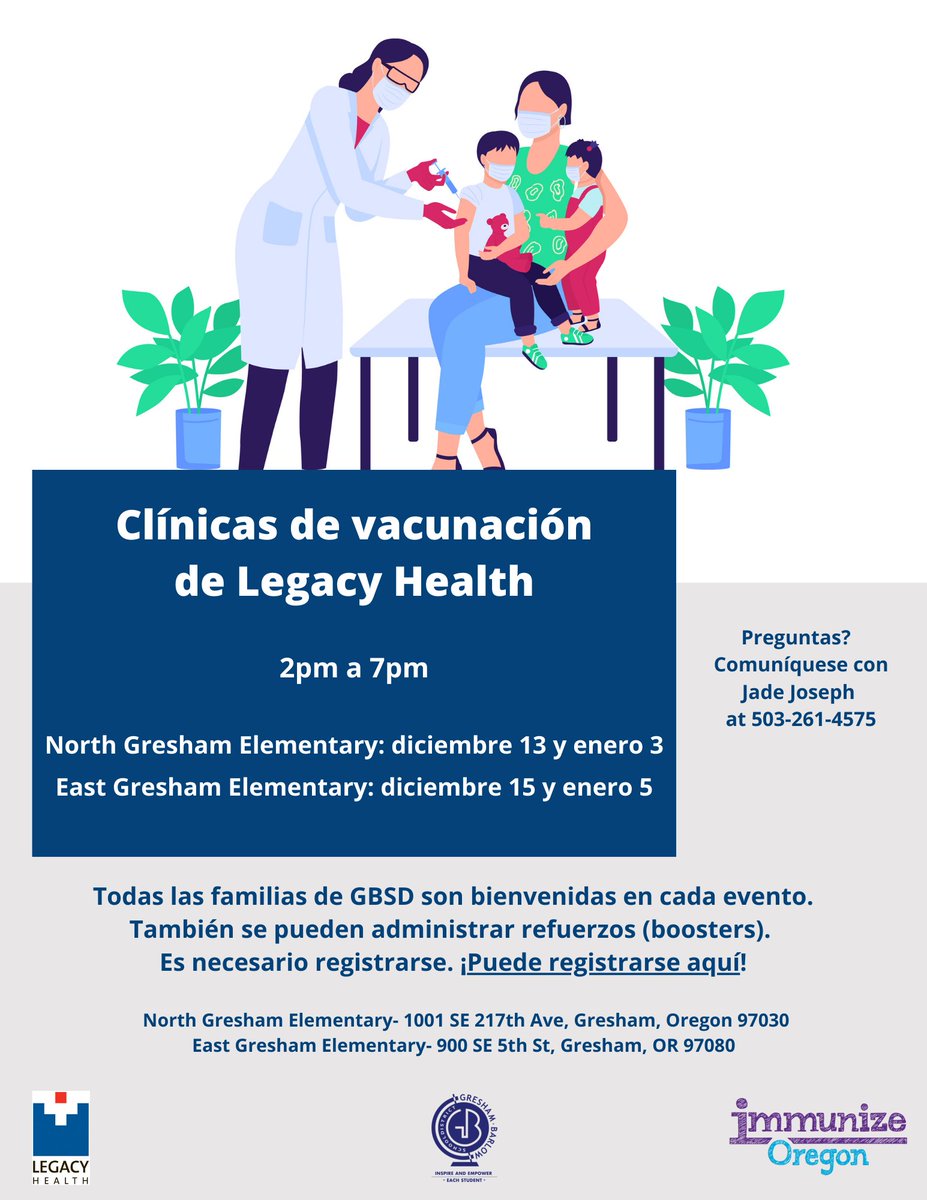 Legacy Health is holding COVID-19 Vaccine Clinics at North Gresham and East Gresham Elementary Schools. Details on the flyer! Register here: bit.ly/3rxNXP2
