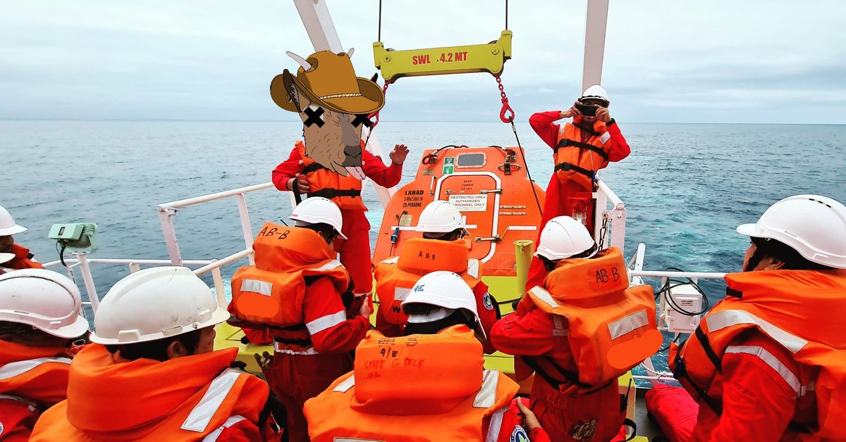 GTFOfish's tweet photo. 1st week complete at sea, 11 more to go, Chief Officer (Chief Goat) running us through life boat drills coz us ordinary Goatmen would prefer not to swim in an emergency 🟠🐐
#GOATtribe #GoatsOnBoats @adaGOATS https://t.co/wOSPvtYO6M