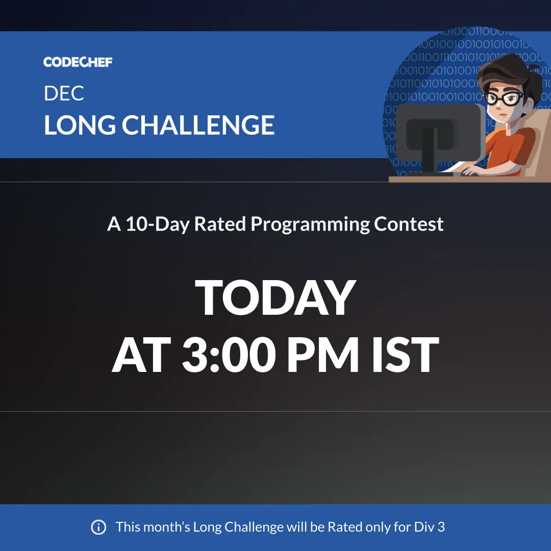 codechef's tweet photo. The last Long Challenge of the year is just a few hours away! So get set, and come all prepared to take part today at 3 PM. Participate here:https://t.co/VPqyPOFa0o

#CodeChef #LongChallenge #Coding https://t.co/MH15GBBeo5
