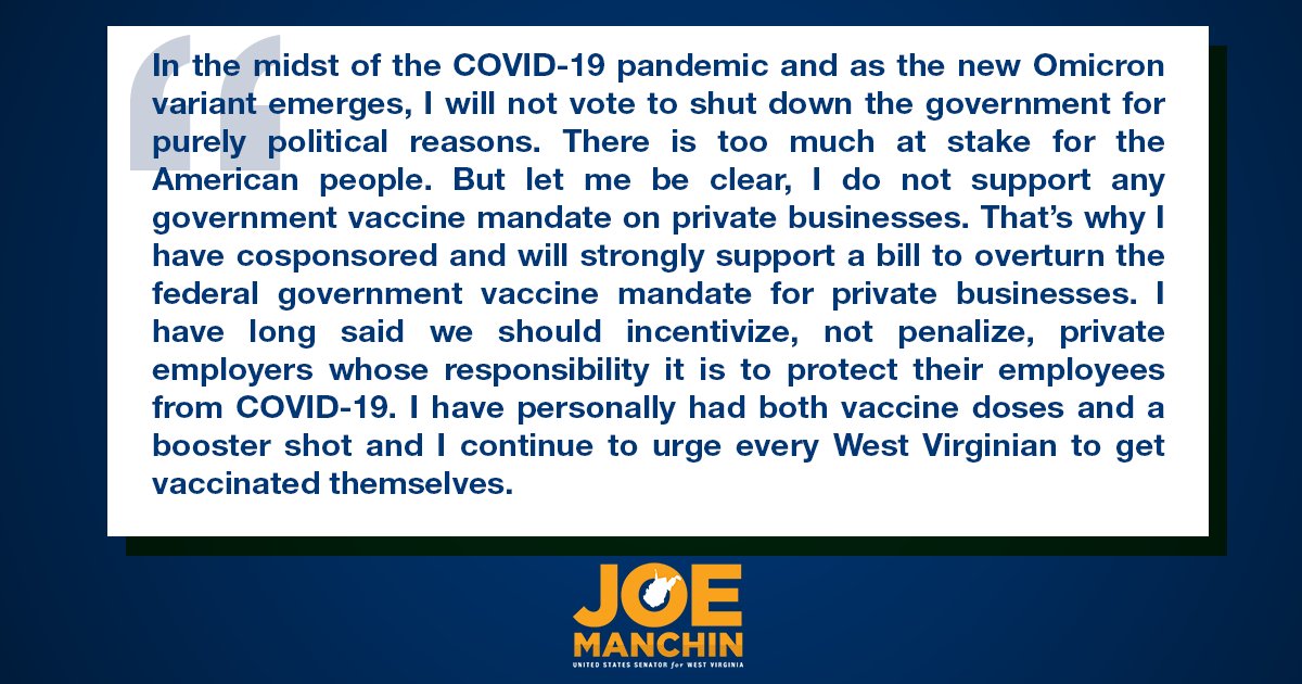 In the midst of the COVID-19 pandemic and as the new Omicron variant emerges, I will not vote to shut down the government for purely political reasons. There is too much at stake for the American people. But let me be clear, I do not support any government vaccine mandate on private businesses. That’s why I have cosponsored and will strongly support a bill to overturn the federal government vaccine mandate for private businesses. I have long said we should incentivize, not penalize, private employers whose responsibility it is to protect their employees from COVID-19. I have personally had both vaccine doses and a booster shot and I continue to urge every West Virginian to get vaccinated themselves.