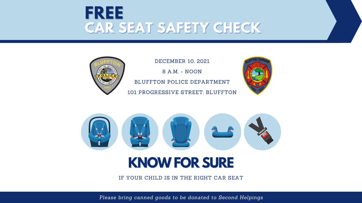 BlufftonPolice's tweet photo. We're hosting a FREE car seat safety check event in partnership with the Bluffton Township Fire District. It's on December 10 from 8 a.m. - noon at our department (101 Progressive Street, Bluffton)
#BPDTweets https://t.co/er6jwooQTU