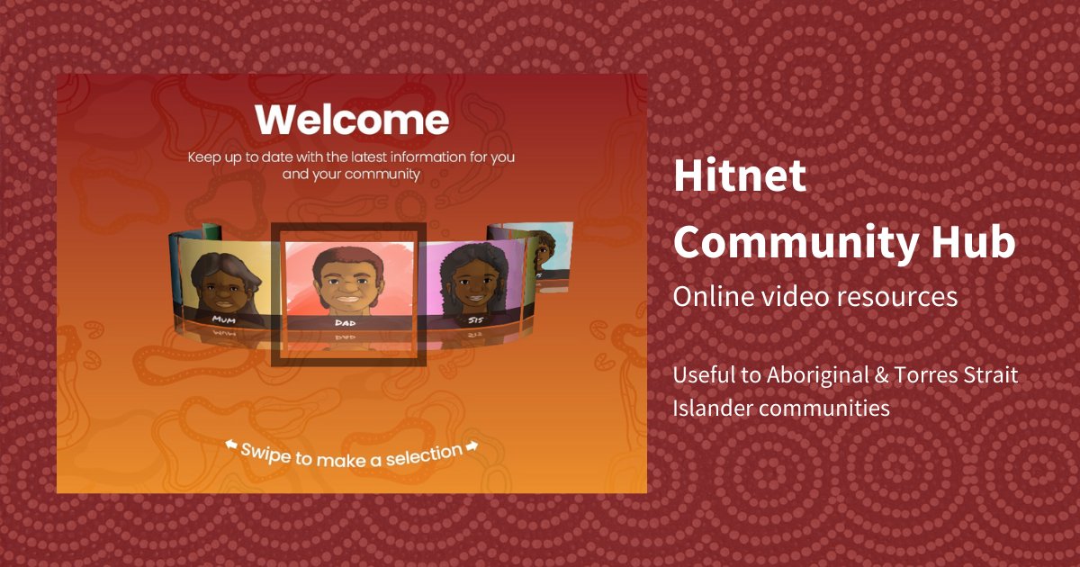 HealthInfoNet's tweet photo. Are you searching for educational videos on culturally appropriate info useful to Aboriginal & Torres Strait Islander communities?
The #Hitnet Community Hub's video library helps people become connected, informed & engaged with up-to-date content.
🔗 https://t.co/SUJBsAHutA https://t.co/pDtG5ErEZw