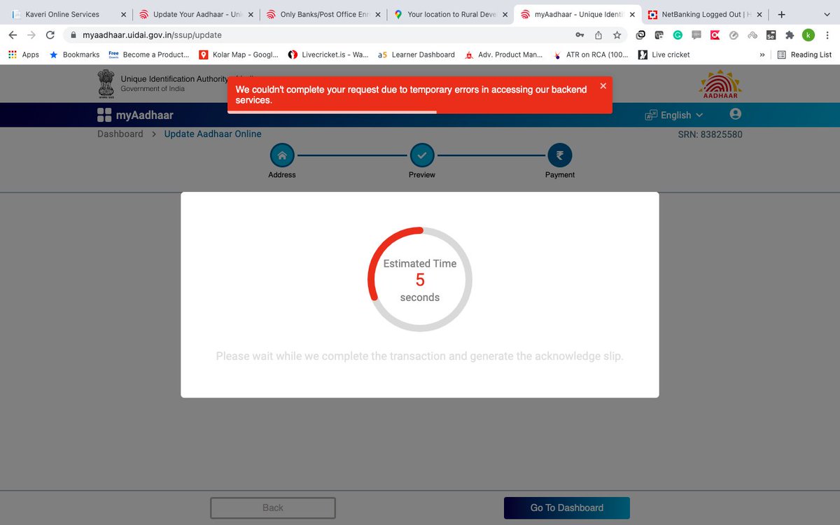 kunalnitw's tweet photo. @Aadhaar_Care @ceo_uidai I am trying to update the address through ssup portal but for more than 1.5 months, I am getting an error as "we couldn't complete your request due to temporary errors in accessing our backend services". Kindly rectify on an urgent basis https://t.co/ZkG5upSsEP