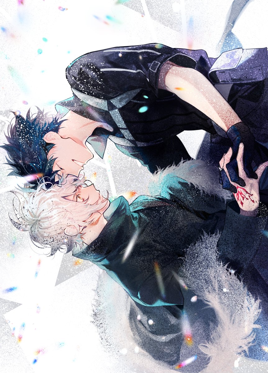 fujimaru ritsuka (male) ,fujimaru ritsuka (male) (polar chaldea uniform) multiple boys 2boys male focus command spell gloves black hair looking at another  illustration images
