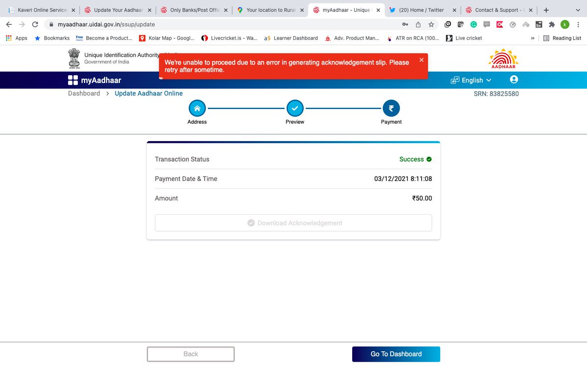 kunalnitw's tweet photo. @Aadhaar_Care @ceo_uidai I am trying to update the address through ssup portal but for more than 1.5 months, I am getting an error as "we couldn't complete your request due to temporary errors in accessing our backend services". Kindly rectify on an urgent basis https://t.co/ZkG5upSsEP