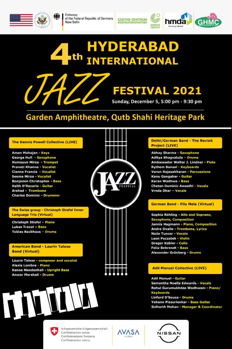 Arvind Kumar (@arvindkumar_ias) on Twitter photo #Hyderabad International Jazz Festival 2021
@ Garden Amphi-theatre, Deccan Park (Qutb Shahi Tombs) 
goo.gl/maps/91toqVWTn…
Dec 5 (Sunday)
5-9.30 pm
It’s a free event & on first come first serve basis (limited seating & thus)
Not to be missed !
Follow Covid protocol please #Hyderabad International Jazz Festival 2021
@ Garden Amphi-theatre, Deccan Park (Qutb Shahi Tombs) 
goo.gl/maps/91toqVWTn…
Dec 5 (Sunday)
5-9.30 pm
It’s a free event & on first come first serve basis (limited seating & thus)
Not to be missed !
Follow Covid protocol please