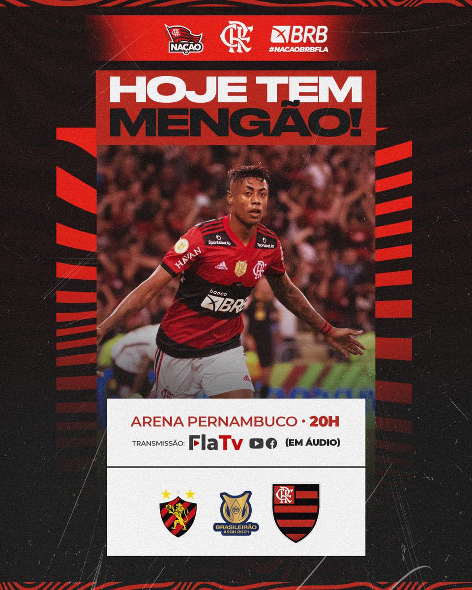 Flamengo's tweet photo. HOJE TEM MENGÃO NO BRASILEIRÃO! 

Às 20h, o Mais Querido enfrenta o Sport, fora de casa. Vamos com tudo em busca dos três pontos! 

#SPTxFLA #VamosFlamengo https://t.co/SnFT266Nxn