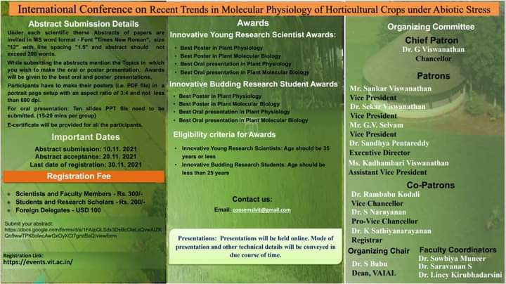VIT_univ's tweet photo. #VIT #VAIAL Organises International #Conference on Recent Trends in Molecular #Physiology of #Horicultural Crops under Abiotic Stress via Virtual Mode During 3rd - 4th December 2021 with multiple speakers from different universities of the world. #VIT #MolecularPhysiology https://t.co/ieltnNDaXq