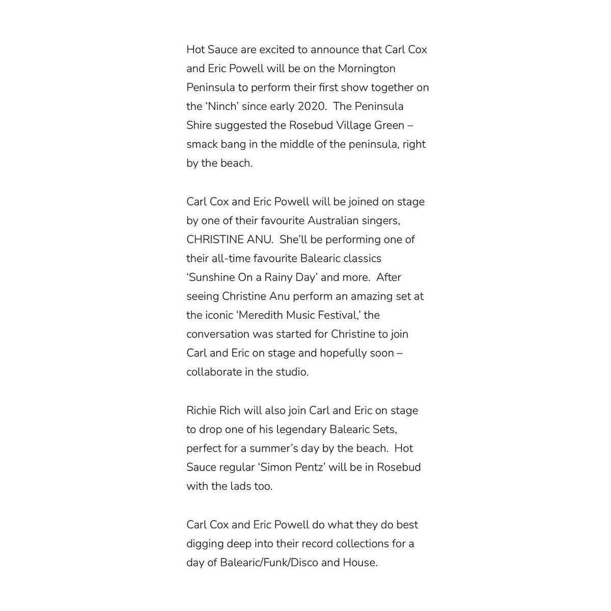 .<a href="/Carl_Cox/">Carl Cox</a> &amp; Eric Powell are gearing up for their #HotSauce &amp; #carlandericsmobiledisco shows this Jan!! Bring on the #Melbourne #Summer vibes finally!! 🇦🇺🎶☀️ Thanks <a href="/beatstravellers/">Beats Travel</a> ❤️
Tickets 🎫 On Sale Now: bit.ly/HOTSAUCERosebud