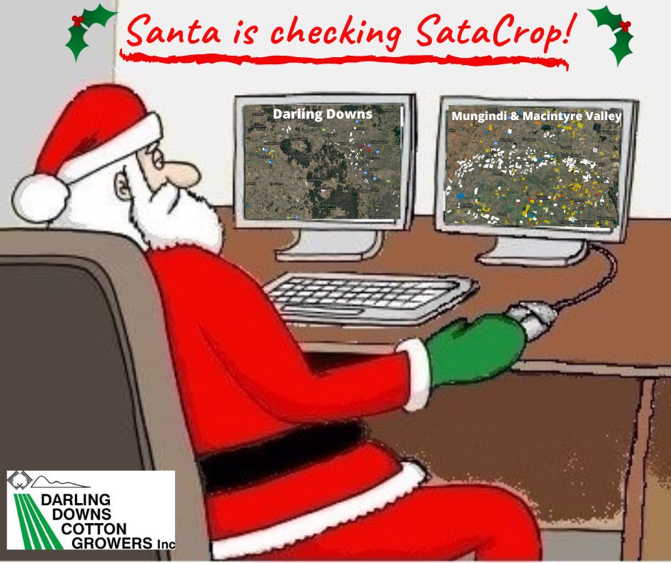 It’s that time of year… Yep, Santa is checking SataCrop!🎅🏼
And Mungindi &amp; Macintyre Valley are waaaayyyyyy in front of DD for mapping their summer crops.🤦🏻‍♀️
With a big summer spray season ahead, help applicators &amp; map ALL your crops NOW!
satacrop.com.au 
<a href="/CottonAustralia/">Cotton Australia</a>