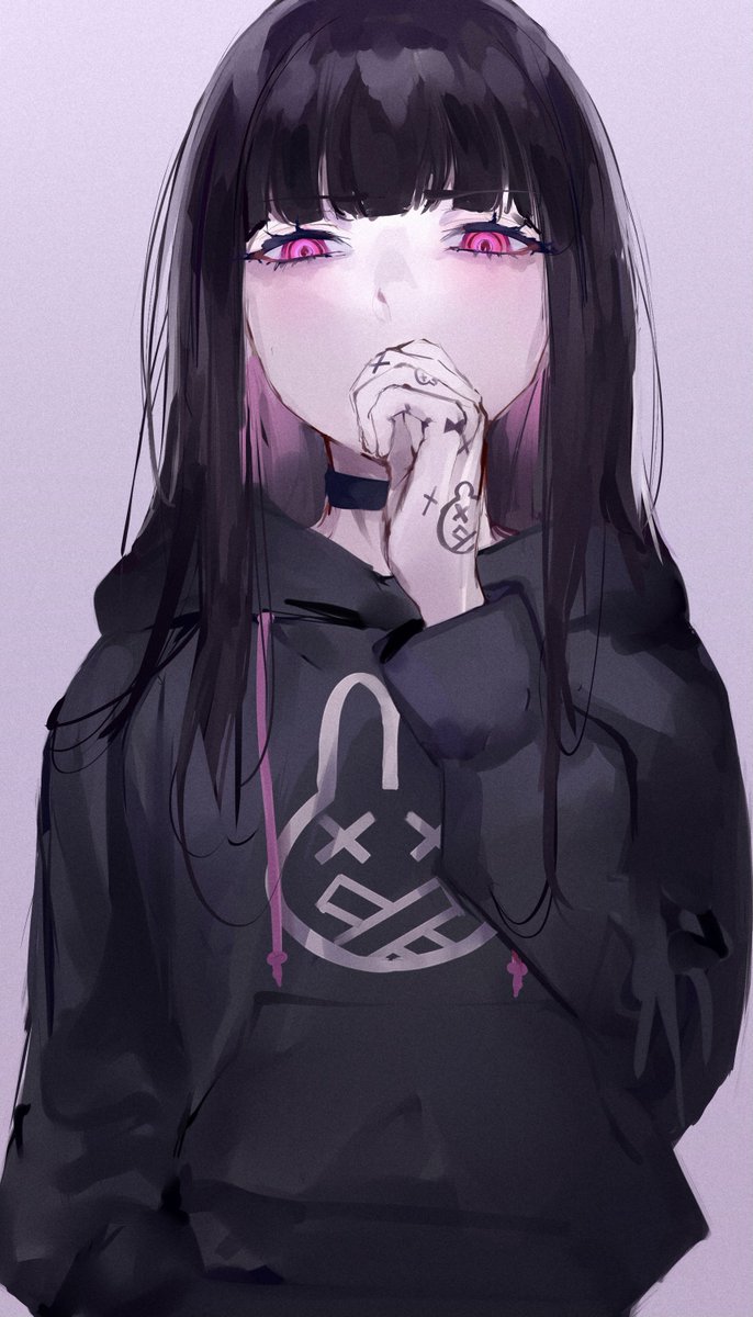 1girl solo hood hoodie black hair long hair black hoodie  illustration images