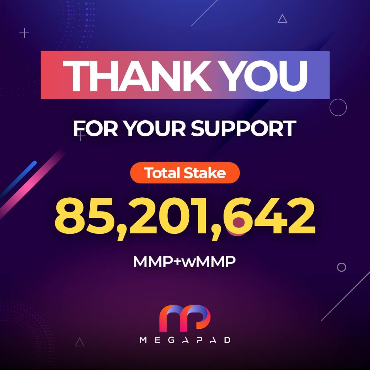 MegapadDeFi's tweet photo. 🎉 Thank You for your support. We proud to announcement our Total Stake for 85,201,642 MMP+wMMP
For those who can’t Stake, please contact Admin on Telegram group.
#Megapad #MEP #MoonMakerProtocol #MMP #Launchpad #IMO #Crypto #DeFi https://t.co/1vKR5Hyt79