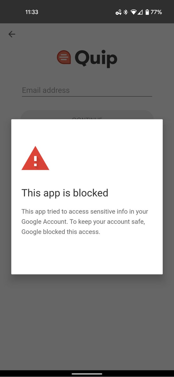 EdgarInLife's tweet photo. @QuipSupport my co-workers are able to login via quip app on Android but I cannot.. what gives? We use Google SSO https://t.co/sNq6IQr1BC