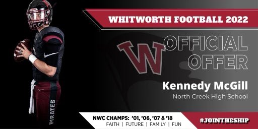 After a great conversation with <a href="/coachsandberg/">Rod Sandberg</a> I am excited to have received my first offer from <a href="/WhitworthFB/">Whitworth FB</a>! Grateful for your time and effort!

<a href="/BrokerKennedy/">Kennedy McGill</a> <a href="/coachtmyers/">Torrey Myers</a> <a href="/NorthCreekFB/">North Creek HS Football</a> <a href="/BrandonHuffman/">Brandon Huffman</a> @HEIRCoachTy <a href="/QBHitList/">QBHitList.com</a>