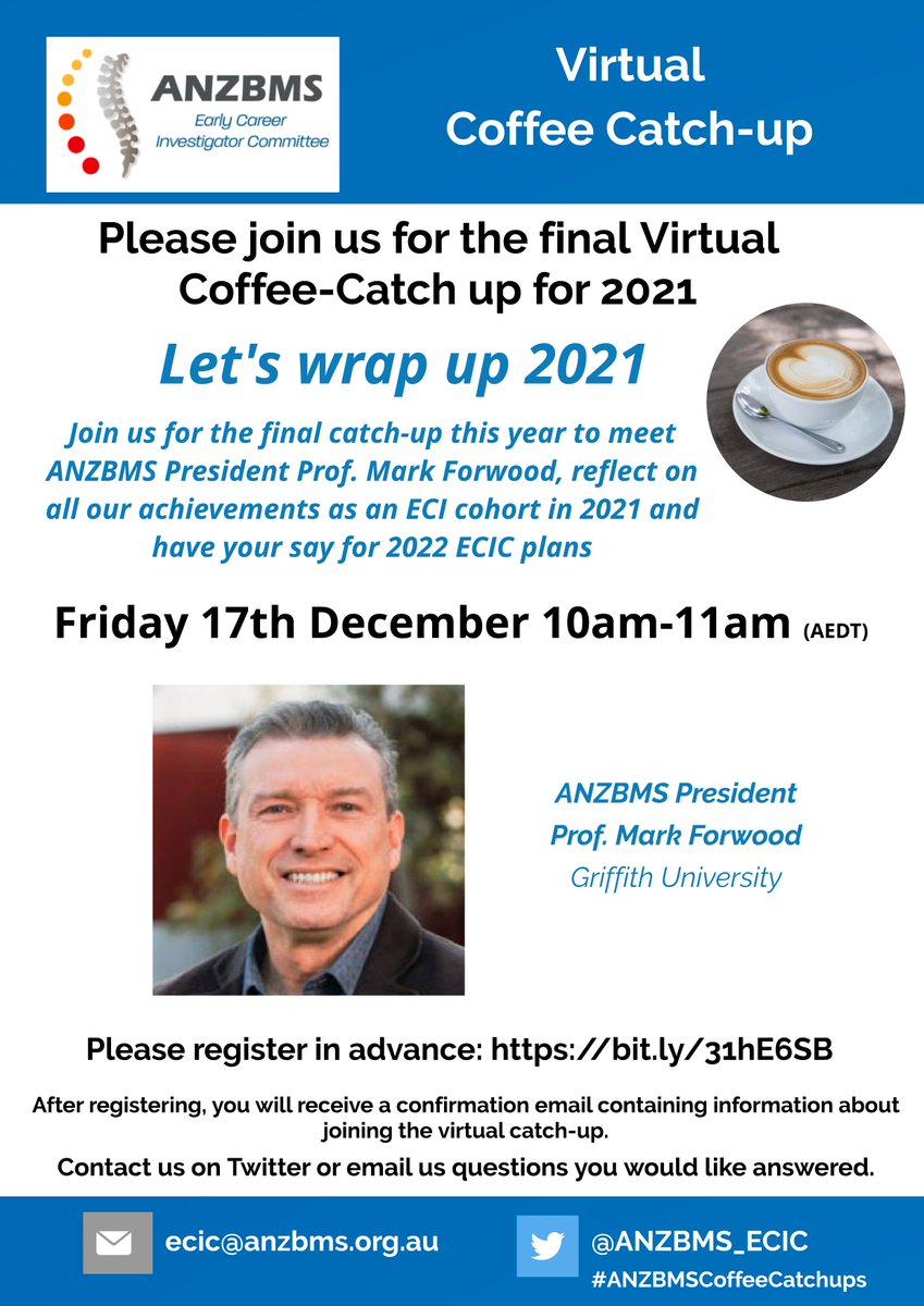ANZBMS_ECIC's tweet photo. 📢☕️Attention ECIs! The final Coffee Catch-Up has been announced and will be an opportunity to chat to the ECIC & @ANZBMSoc President, and provide any questions/ideas/feedback you may have!
📅Friday 17th Dec
⏰10am AEDT
🗣️Prof. Mark Forwood
Register 👉https://t.co/8Ix8oJjLg5 https://t.co/G7JIoQBOrG