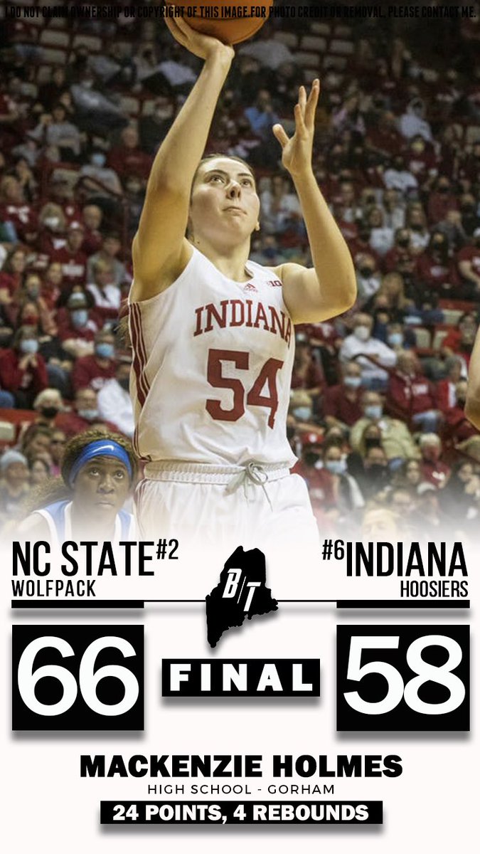 btmaine's tweet photo. Tough loss for the Hoosiers but Gorhams @kenzieholmes_ just put up 24 points and was the best player on the floor against the #2 ranked team in the country.  Keep putting Maine on the map Mack #bigtimer #gorhamrams https://t.co/OogNyWuecc