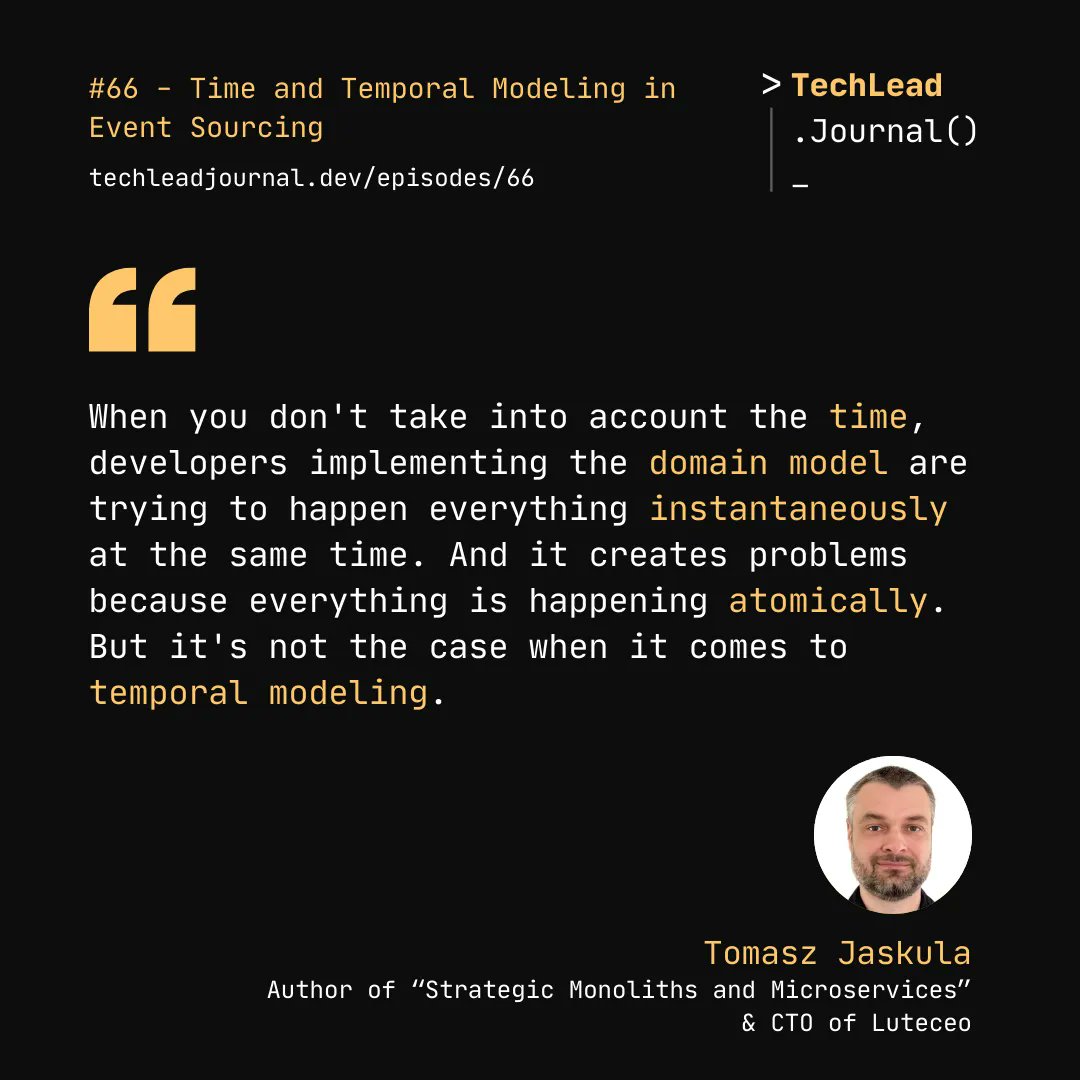 Do not assume that all business events need to happen instantaneously and require an atomic transaction model.

Hear more from <a href="/tjaskula/">Tomasz</a> in episode 66.
techleadjournal.dev/episodes/66