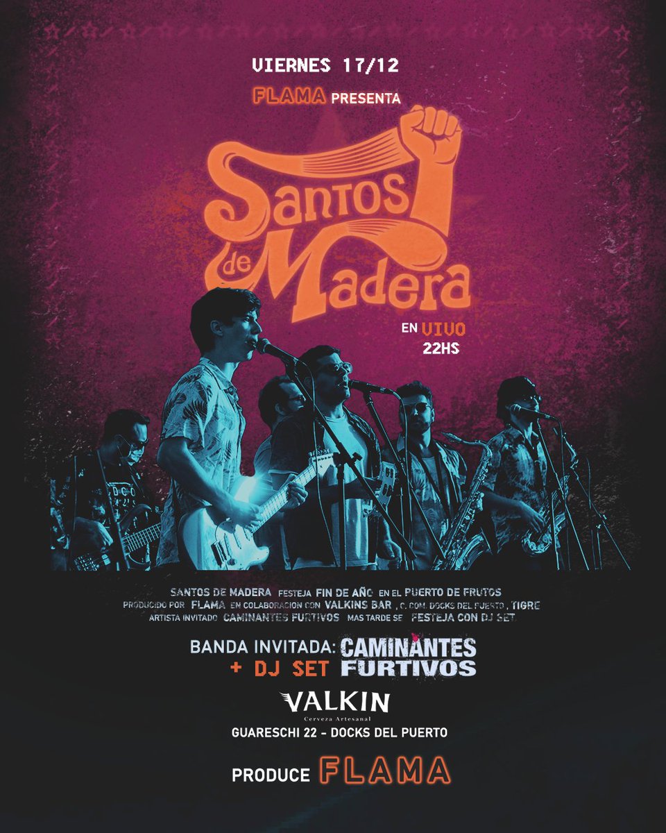 santosdemadera's tweet photo. Despedimos el año en Tigre!.  Santos de Madera toca en vivo en Valkin, puerto de frutos.
Lista extendida, artistas invitados, Dj Ser, FIESTA!!!
Banda Inv: Caminantes Furtivos.
Viernes 17/12 a las 22hs.
Produce flama
Te esperamos!. https://t.co/Aah6DF3d8s