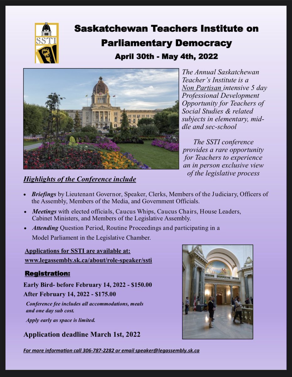 socialstudiessk's tweet photo. Saskatchewan teachers, do you want to learn about the legislative process? Study in person at the Saskatchewan Teachers Institute from April 30 to May 4, 2022. Space is limited, so apply today. Early registration ($150) is open until February 14.

https://t.co/5yn0pNs9nF https://t.co/lsOos5g8TT