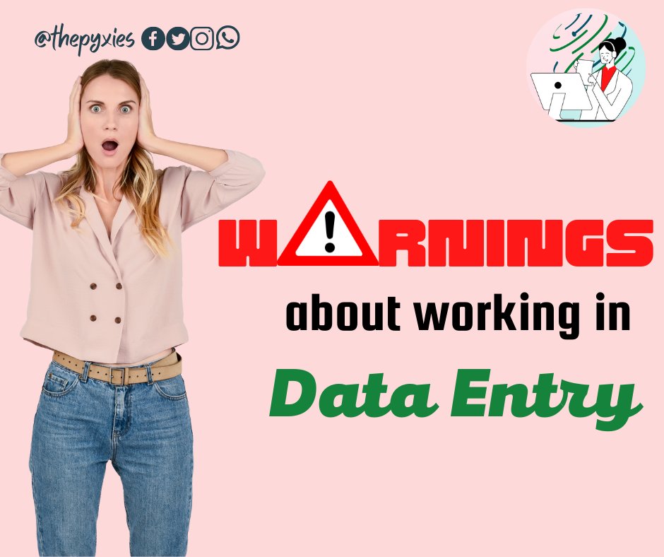 thepyxies's tweet photo. There are risks to working in data entry. You can benefit from being informed on a few things, including:
1. Job Scams
A legitimate employer will not require to make any upfront payments
2. Low wages
Examine job postings to identify employers that pay higher wages

#alert #work https://t.co/L8u4QI9m5W