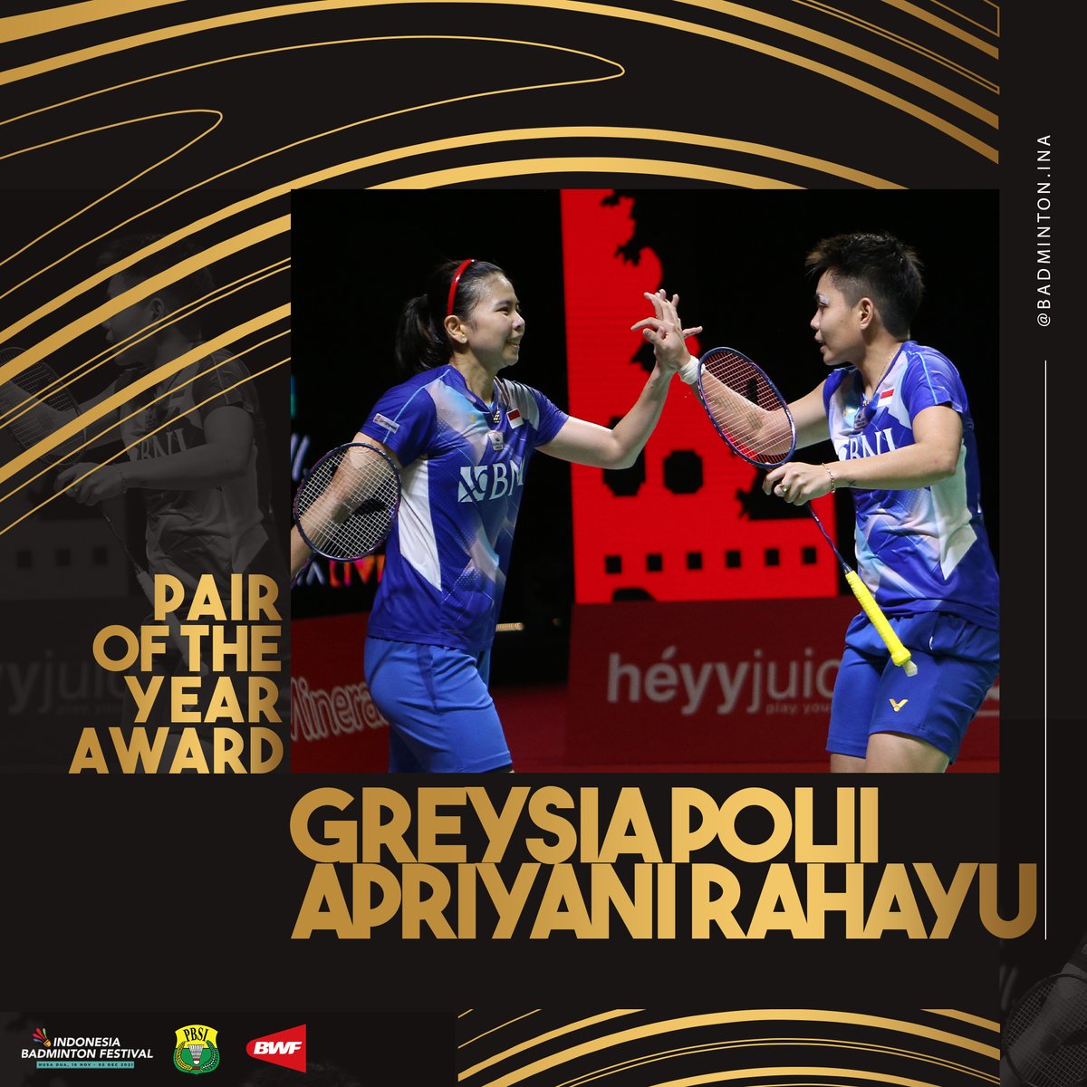 INABadminton's tweet photo. BWF mengumumkan Player of The Year tahun ini. Greysia Polii/Apriyani Rahayu terpilih sebagai Pair of The Year dan Leani Ratri Oktila terpilih sebagai Female Para Badminton Player of The Year.

"Terima kasih kepada BWF atas penghargaan ini. Kami berharap untuk terus melakukan yang https://t.co/jmD7BxUYTp