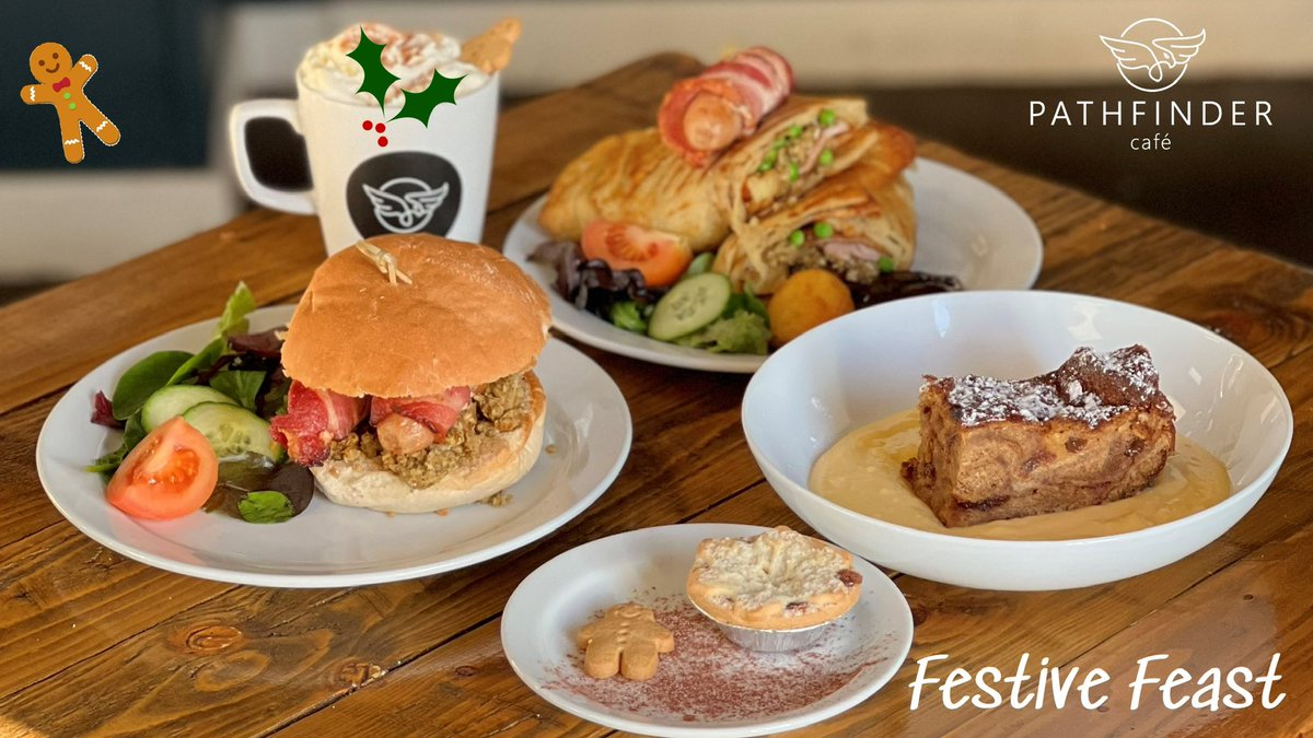 Check out our #FestiveFeast available now at the #PathfinderCafe.  Including:
#Christmas Dinner Wrap
#PiginBlanket Bap 🐖 🥓 
#Turkey & #Stuffing Bap 🦃 
Bread & Butter Pudding
Mince Pie & Brandy Butter 🥧 
Gingerbread Latte ☕️ 
#Blackbushe #BlackbusheAirport #Yateley #Cafe