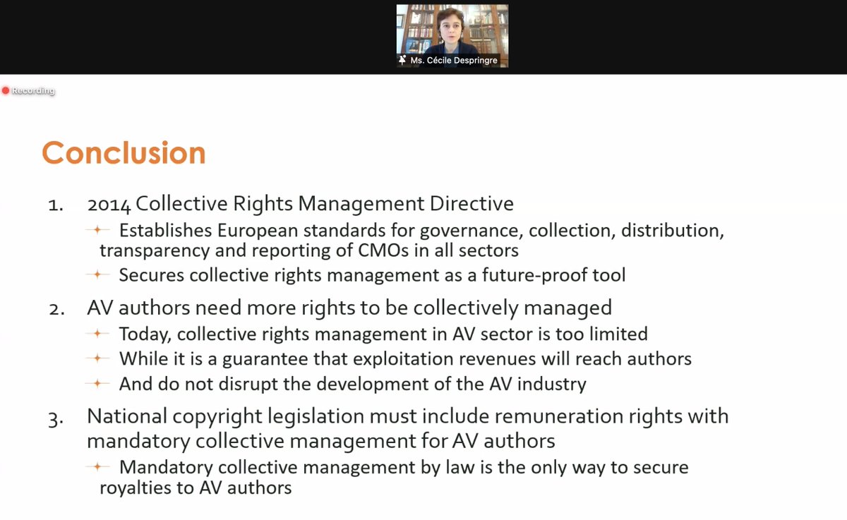 saabrussels's tweet photo. .@CDespringre concludes with explaining that audiovisual authors need collective management to ensure that they receive remuneration for the exploitation of their works!
#WeLoveAuthors #CreateALiving #Art18DSM https://t.co/spCaSoPTc1