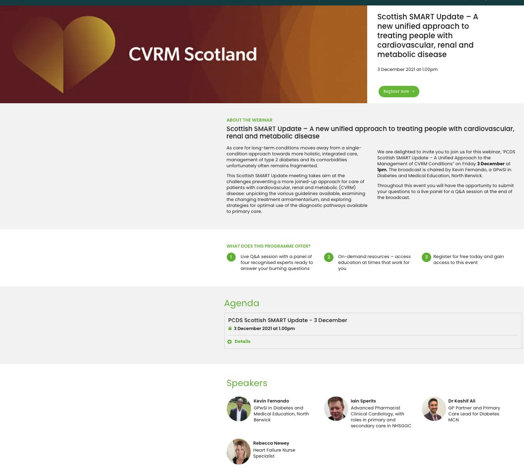 Looking forward to chairing the @pcdsociety Smart Update lunchtime discussion on how we can provide a unified approach to supporting people living with CV, renal &amp; metabolic conditions in Scotland.  I'm joined by an ace MDT faculty <a href="/drkashali/">Kashif Ali</a> Rebecca Newey &amp; Iain Sperits