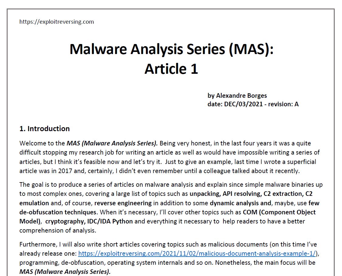 The first article in the Malware Analysis Series (MAS) is available (36 pages):

(link 1): blackstormsecurity.com/docs/MAS_1.pdf

(link 2): exploitreversing.files.wordpress.com/2021/12/mas_1.…

Slides and other articles are available on: exploitreversing.com

#malware #reverseengineering #programming #threathunting