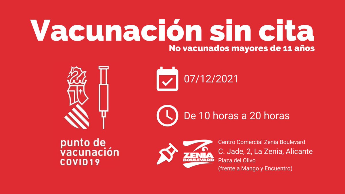 TVVegaBaja's tweet photo. 💉Vacunación masiva en el Centro Comercial Zenia Boulevard.

📅 El próximo martes, 7 de diciembre, puede acudir cualquier ciudadano mayor de 11 años a recibir su dosis sin cita previa.

⏰ De 10.00 a 20.00 horas (horario ininterrumpido)

#COVID19 
#VacunaCOVID19 https://t.co/bVRmj4dEpO