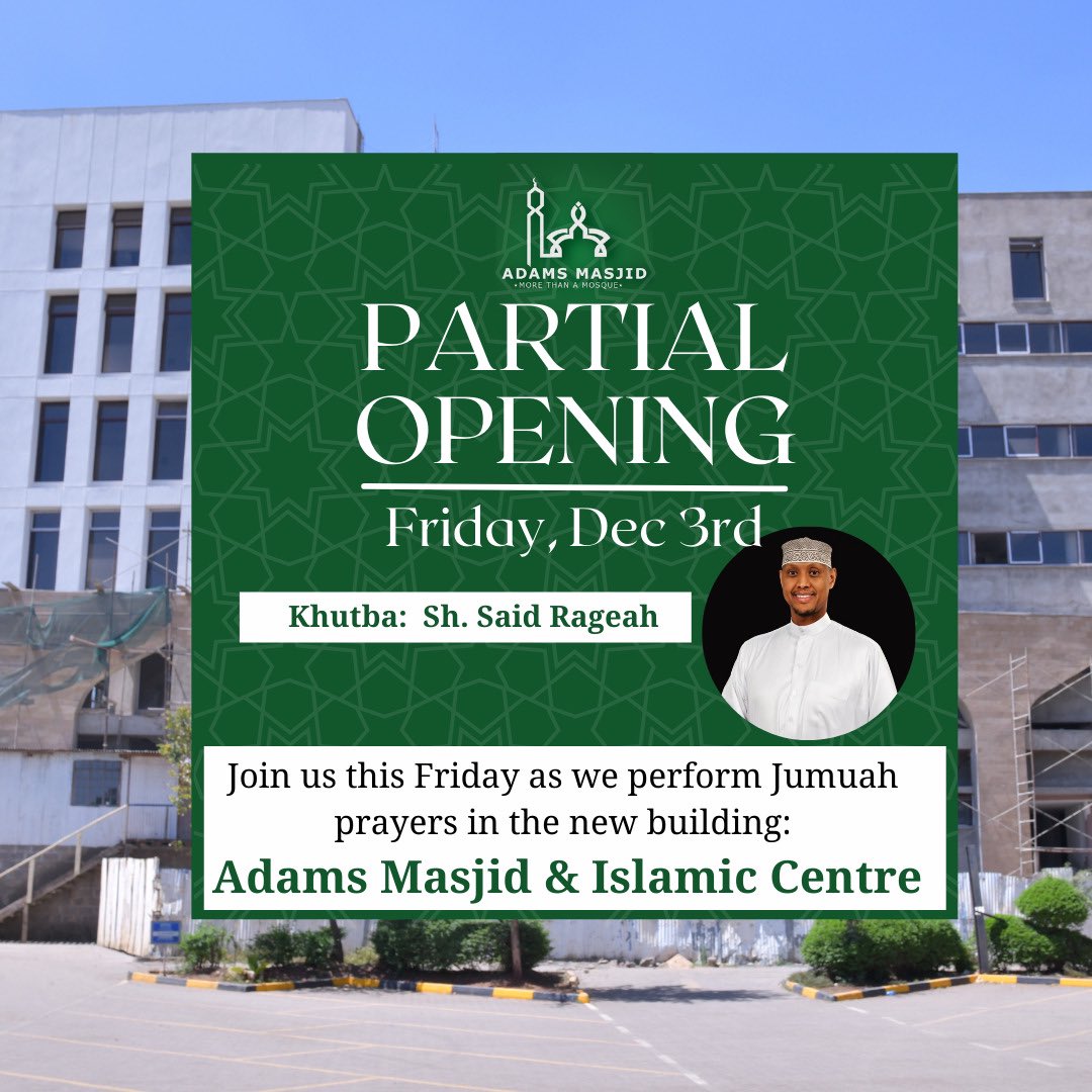 AdamsMasjid's tweet photo. Join us today for our 1st ever Jumuah prayer led by @SaidRageah in the new Adams Masjid &amp; Islamic Centre. 

#Jummah #JummaMubarak https://t.co/cbnAtnBk2k