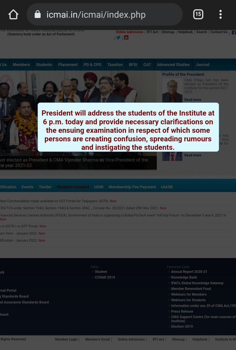 mallu_cma's tweet photo. President @ICAICMA will address the students of the Institute at 6 p.m. today and provide necessary clarifications on the ensuing examination in respect of which some persons are creating confusion, spreading rumours and instigating the students. https://t.co/oZN1WmHC1W