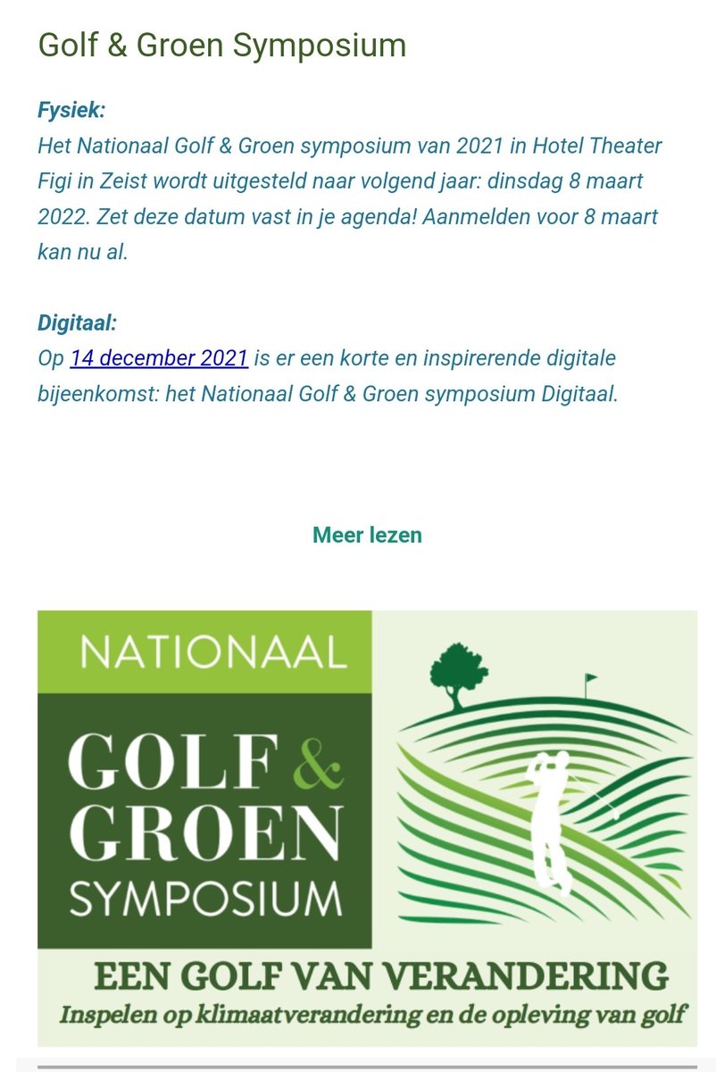 Golf &amp; Groen Symposium uitgesteld. ⛳♻️⚽️
#Verenigen 
<a href="/NGF_/">NGF</a> <a href="/NVG_golf/">NVG Golf</a> <a href="/NGA_Golf/">NGA</a>