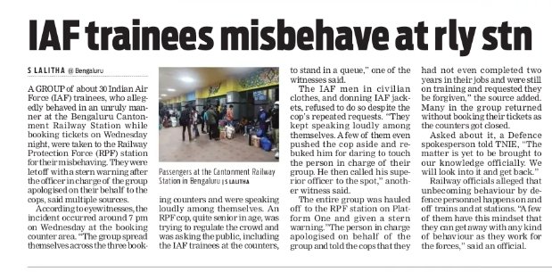 Lolita_TNIE's tweet photo. Indian Air Force trainees get pulled up for unruly behaviour at Bengaluru Cantonment Rly stn. They push an RPF cop after he asks them to stand in a queue after they crowd 3 booking counters. Let off with a warning after their senior accompanying them apologises 
@NewIndianXpress https://t.co/zA76kU07jn