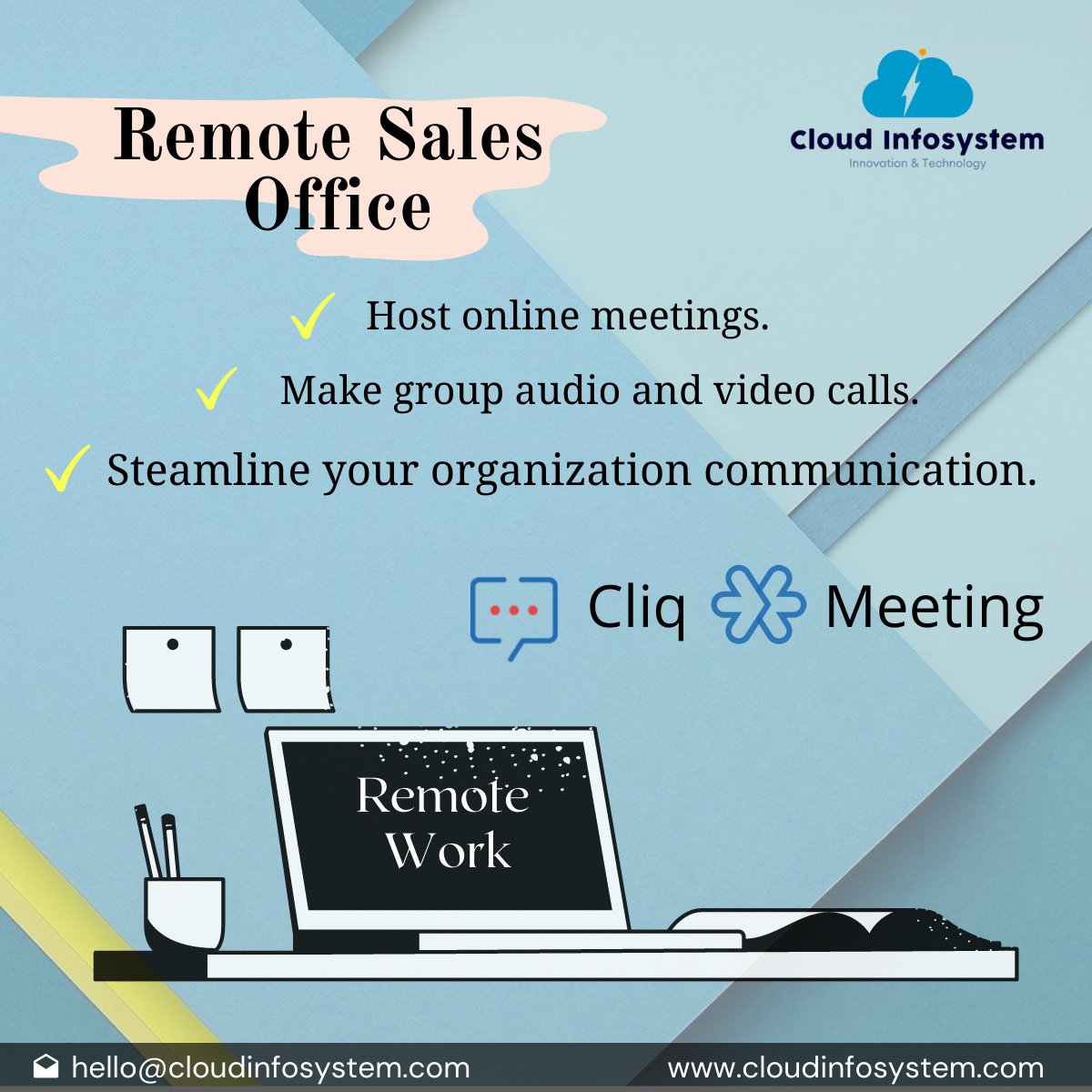 CloudInfoSyste1's tweet photo. Remote Work...
Zoho Cliq & Zoho Meeting
For More Details:
Visit: https://t.co/Yx9XZIX7uR
Mail To: hello@cloudinfosystem.com
#cloudinfosystem #software #technology #programming #tech #coding #developer #webdeveloper #softwareengineer #webdesign https://t.co/hQUn9SRkRn