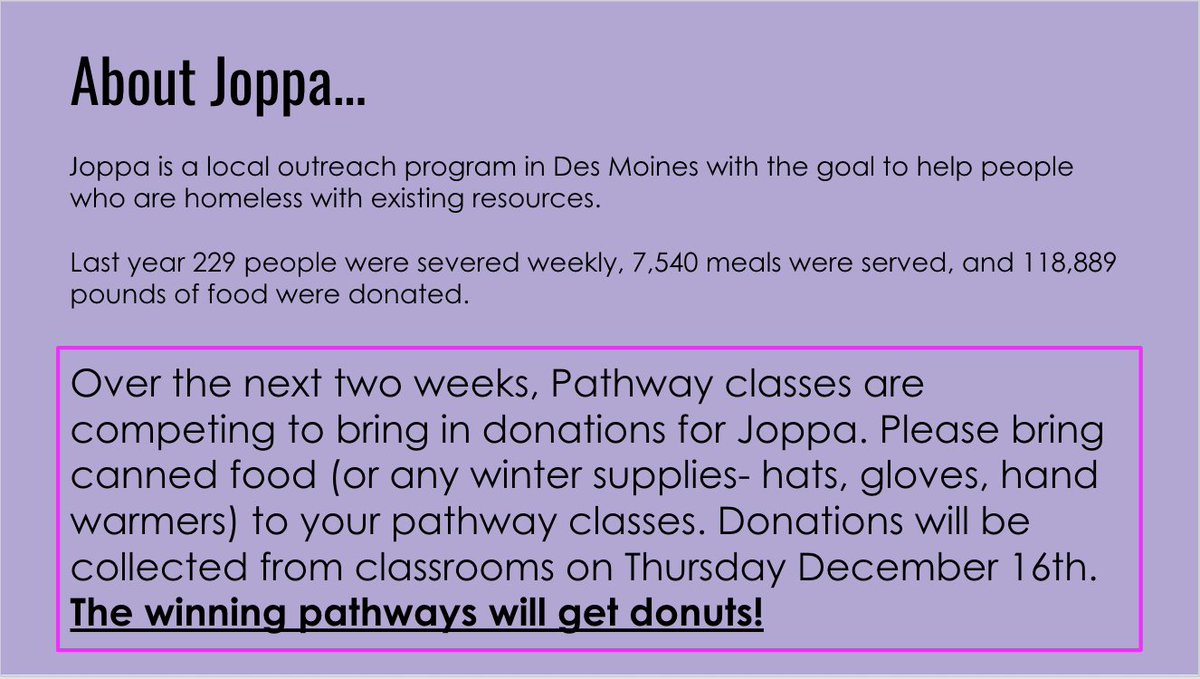 Iowa_HighSchool's tweet photo. Students will be collecting food and supplies for Joppa in their pathways classes for the next 2 weeks. https://t.co/1jKaEjQdLG