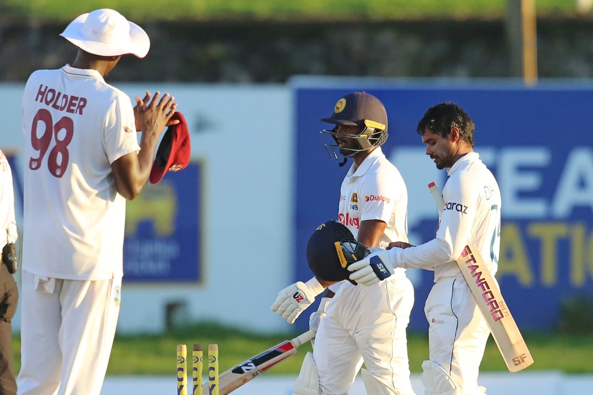 OfficialSLC's tweet photo. Sri Lanka declare with a lead of 296! Dhananjaya de Silva is unbeaten on 155*. 🔥

The partnership between DDS and Lasith Embuldeniya 124(225) is the best ever 9th wicket partnership for Sri Lanka in Tests! 🤜🤛

Match Centre: https://t.co/kjPY6sD0qM
#SLvWI https://t.co/LJzoSSTk85
