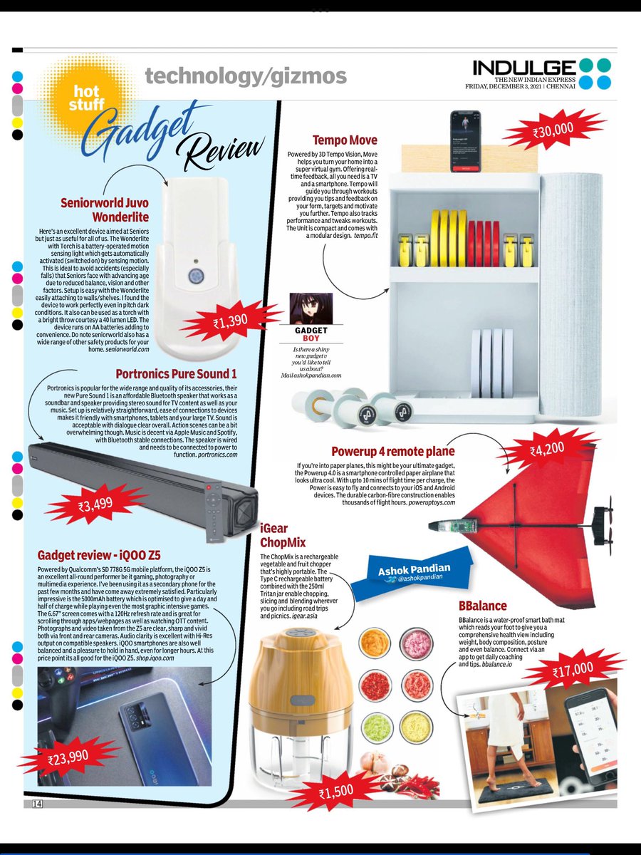 ashokpandian's tweet photo. Gadgets for everyone #juvo #seniorworld @Portronics #puresound #iqoo #fullyloaded @igearasia #chopmix only in INDULGE, TNIE @indulgexpress every Friday via print/epaper editions https://t.co/p5UKzZMY3g