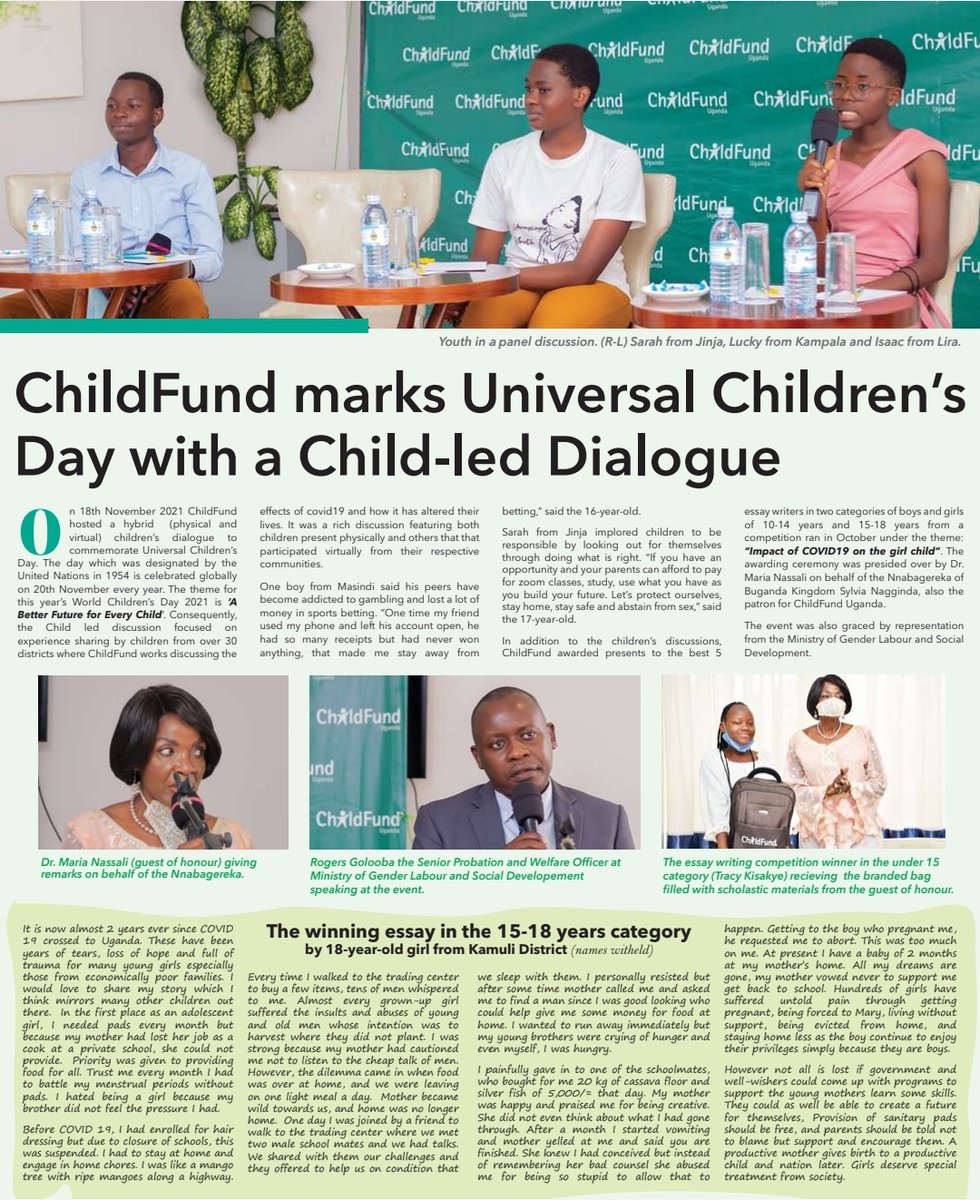 ChildFund Uganda (@childfunduganda) on Twitter photo On 18th Nov, we hosted a hybrid children's dialogue to commemorate #childrensday2021 & it was reported about in today's <a href="/DailyMonitor/">Daily Monitor</a>. Read more about the event & one of the winning essays written by an 18 year old girl detailing how COVID19 affected her. With <a href="/MosesOtai1/">Moses Otai</a> On 18th Nov, we hosted a hybrid children's dialogue to commemorate #childrensday2021 & it was reported about in today's <a href="/DailyMonitor/">Daily Monitor</a>. Read more about the event & one of the winning essays written by an 18 year old girl detailing how COVID19 affected her. With <a href="/MosesOtai1/">Moses Otai</a>