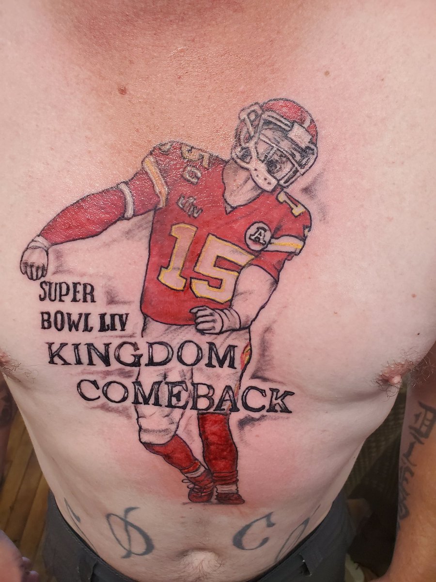 LydMae14's tweet photo. @PatrickMahomes My boyfriend really wants you to see his tattoo. It's his 10th, and quite possibly his favorite! Thanks for making his childhood dreams come true and winning the Super Bowl!!! https://t.co/Fh8WqucW6A