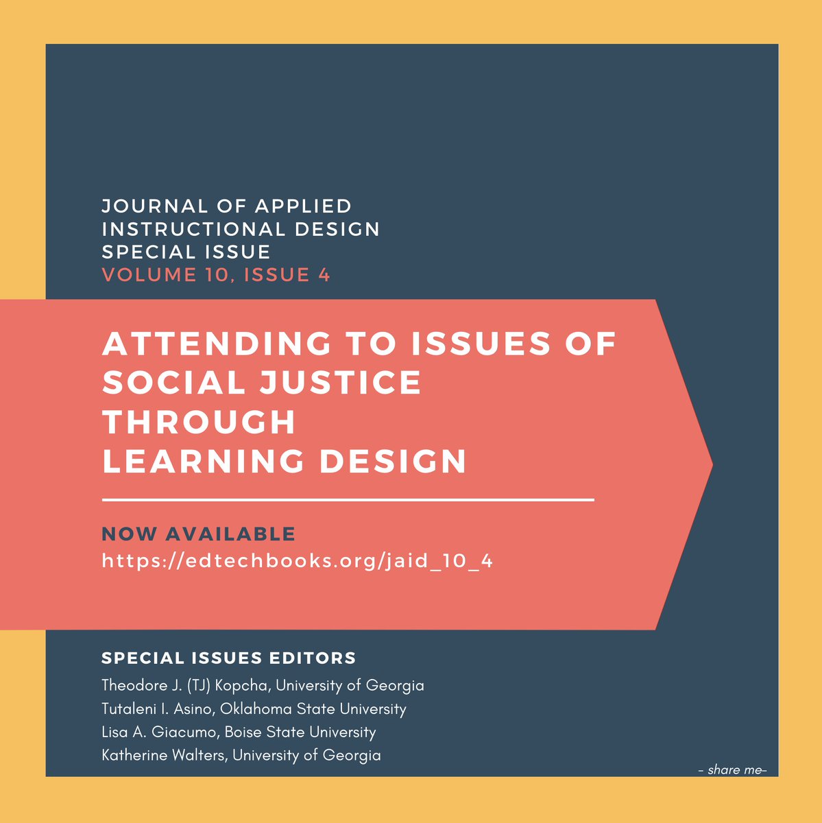 tutaleni's tweet photo. Thank you to our authors for making this a great special issue focusing on social justice. Read this #OpenAccess Journal of Applied Instructional Design - https://t.co/IUzz78NC79

Great experience editing this issue with @tkopcha @Giacumo and @ms_katielynn https://t.co/9uZKkWOXUx