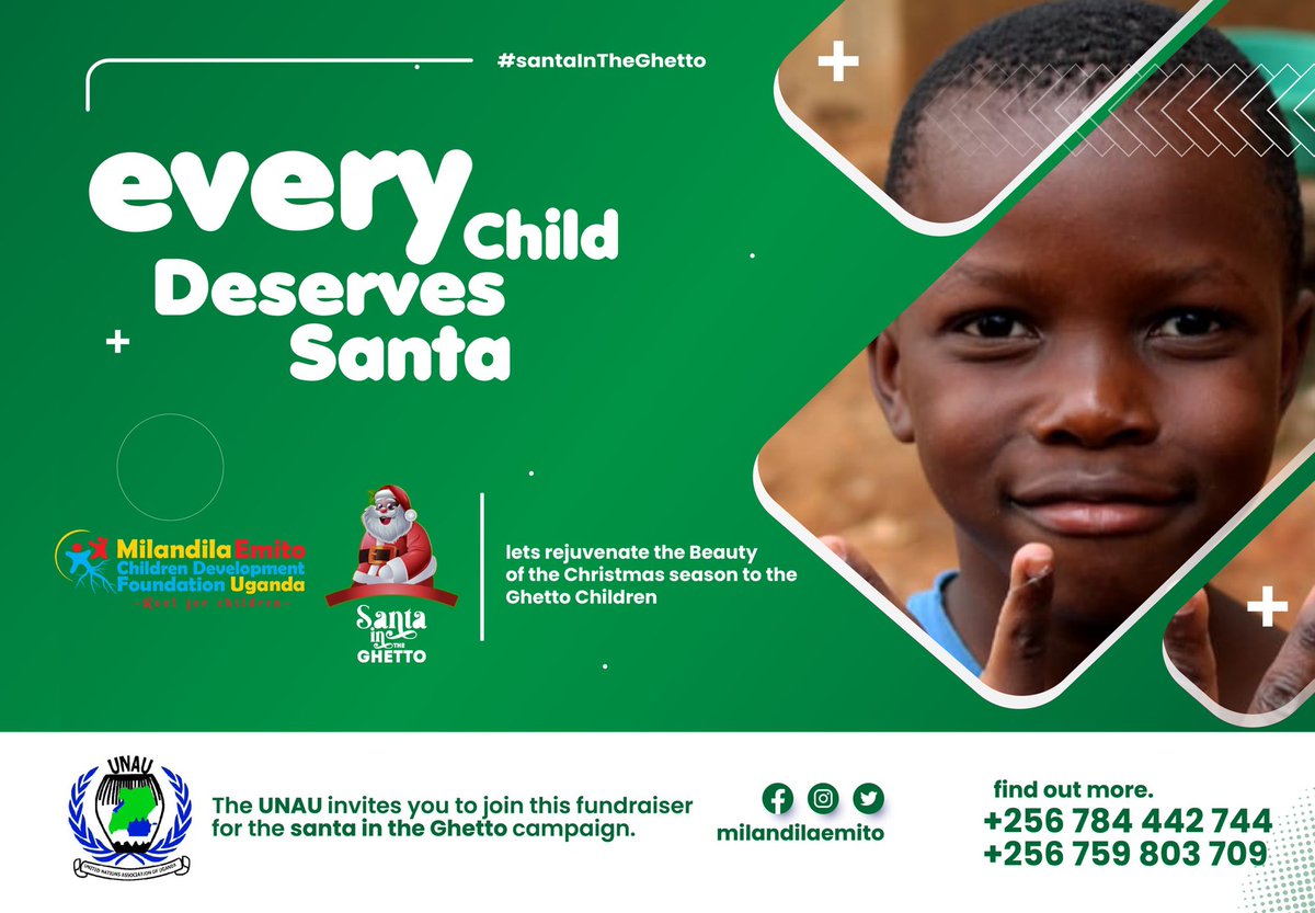 #SantaInTheGhetto
@UgandaUna invites you to fundraise for children in the Ghetto together with @milandilaemito.

A giving hand is a receiving hand.

Caring is sharing

@lynderlinda @UNAUGANDA @KalemaxA @ChaigaDestiny @AmjustjoeUG @ssemwangaedgar @magriezier @Malaikaloves1