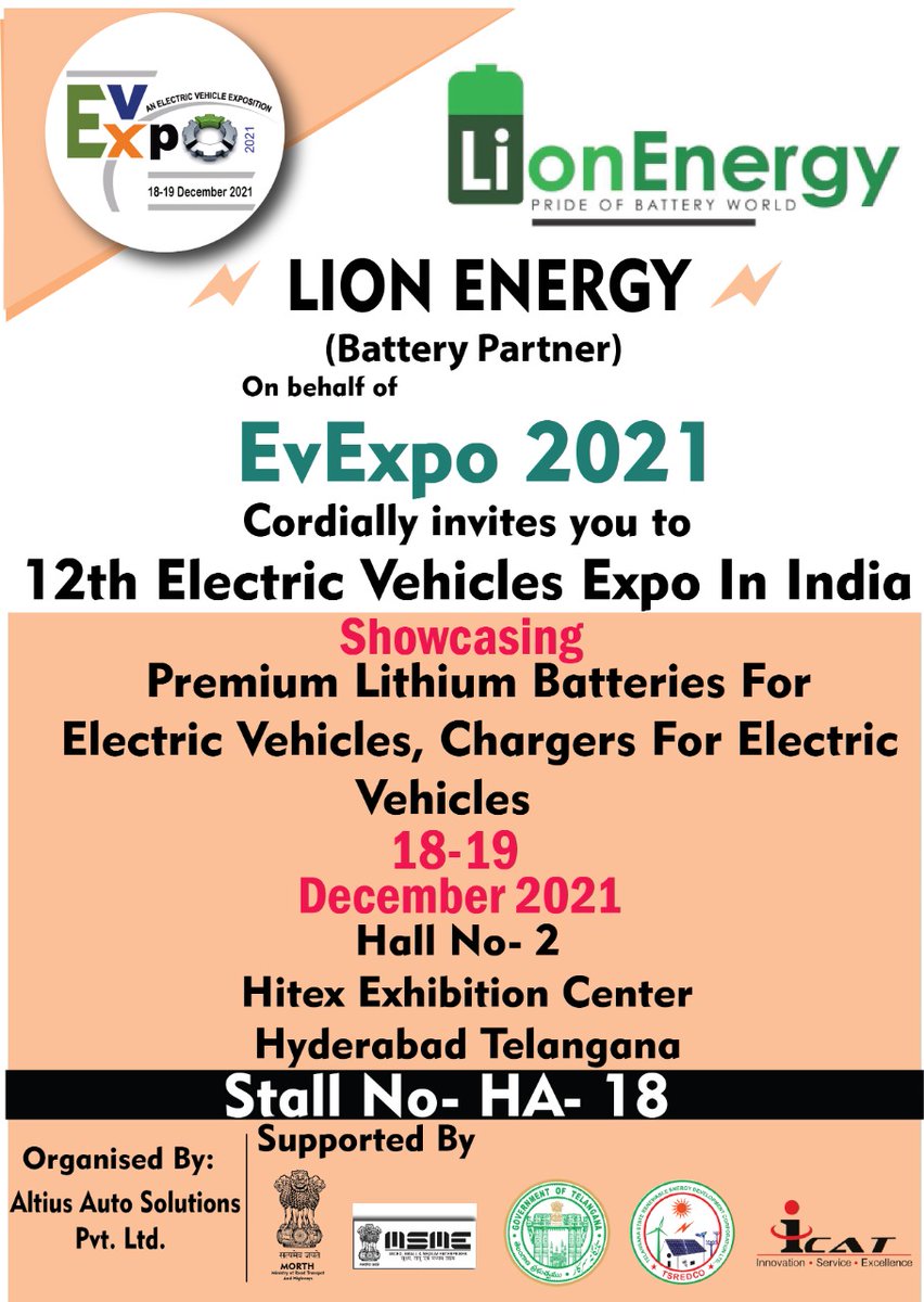 expo_ev's tweet photo. 12th ELECTRIC VEHICLES EXPO IN INDIA
VISIT : LION ENERGY (BATTERY PARTNER)
#EVExpo #EV
#GoGreen #ElectricVehicles #GReenEnergy #PollutionFreeNation
#UseSanitizer
#AltiusTechnologies #SoniEVehiclesPvtLtd
#LionEnergyBattery https://t.co/jNK0w0ZKfB