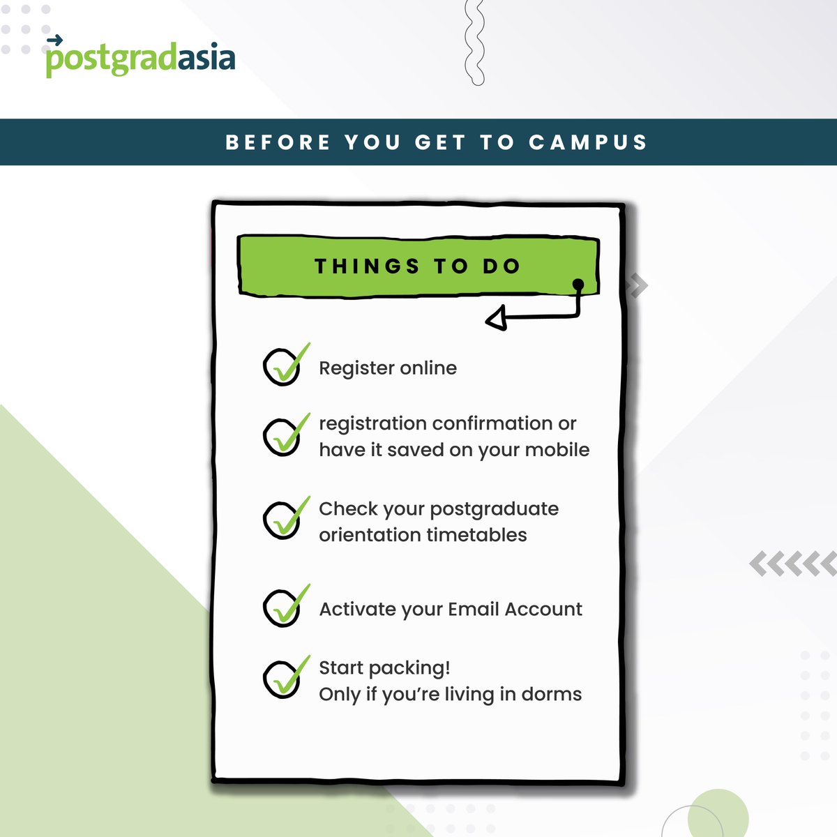 postgradasiaMY's tweet image. Let's assume you got over the application stage and you're officially enrolled into your institution of choice for your postgraduate course. Opps! We forgot to add one more item to the checklist: Don't forget to register  here bit.ly/postgradasia_P…

#postgradasia #postgraduate