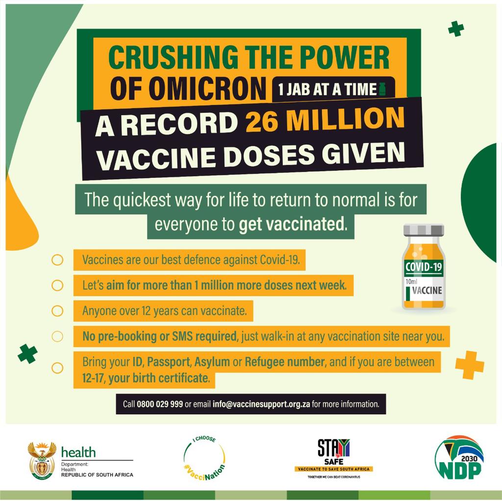 The quickest way for life to return to normal is for everyone who is eligible to receive a #COVID19 vaccine to get vaccinated. If you are over 12 years old, get to your nearest vaccination site today and get that jab. <a href="/HealthZA/">National Department of Health</a>